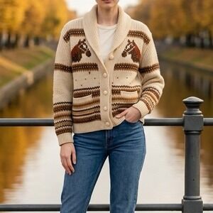 Vintage Horse Intarsia Cardigan Womens Large Cream Rustic Western‎ Shawl Collar